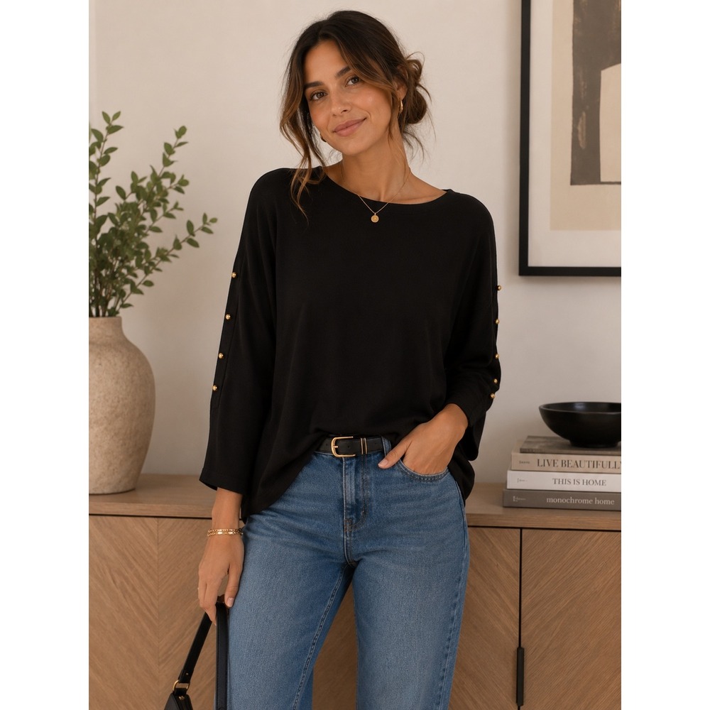 Cable & Gauge Black Gold Button Sleeve Knit Top | Women's XL NWT